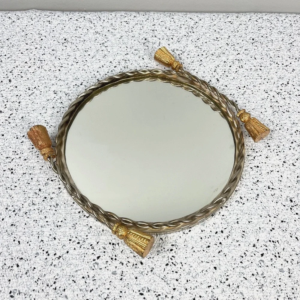 Vintage Hollywood Regency Round Mirror Vanity Tray Rope Gold Tassel‎ Handles 8